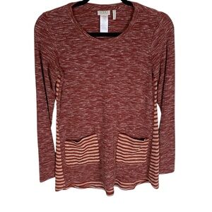 LOGO Rust Striped Long Sleeve Patch Pocket Knit Tunic Top XS Boho Artsy